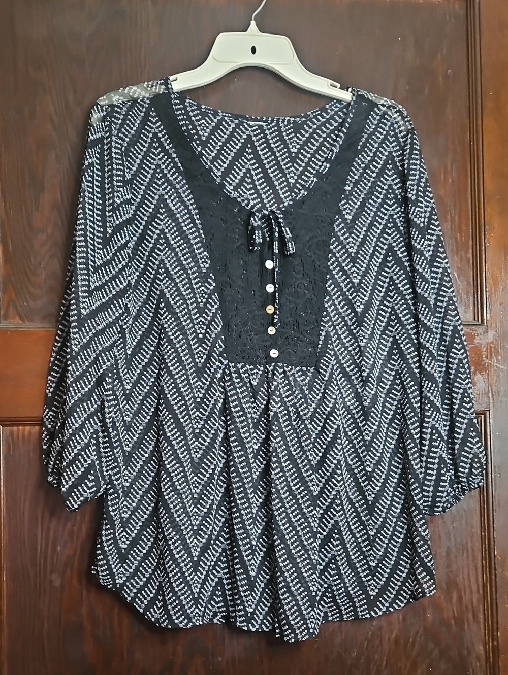 Women's Sheer Black & White Tie-Neck Peasant Top